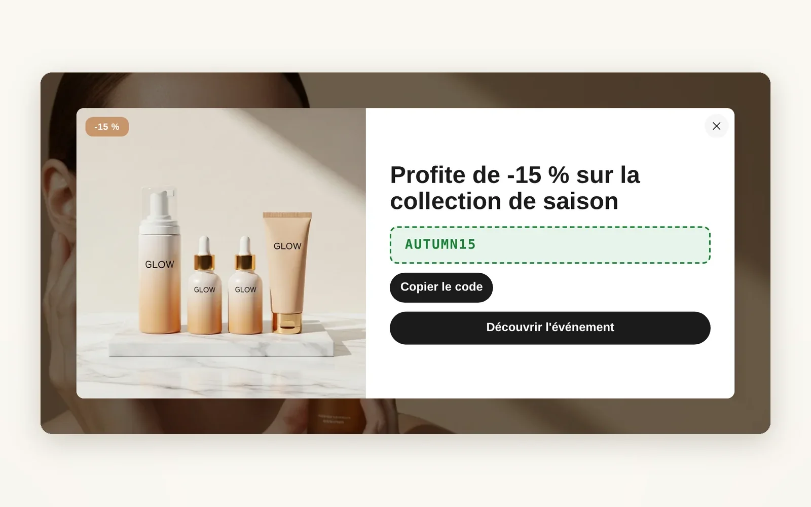 A promo pop-up with a button and a code to copy