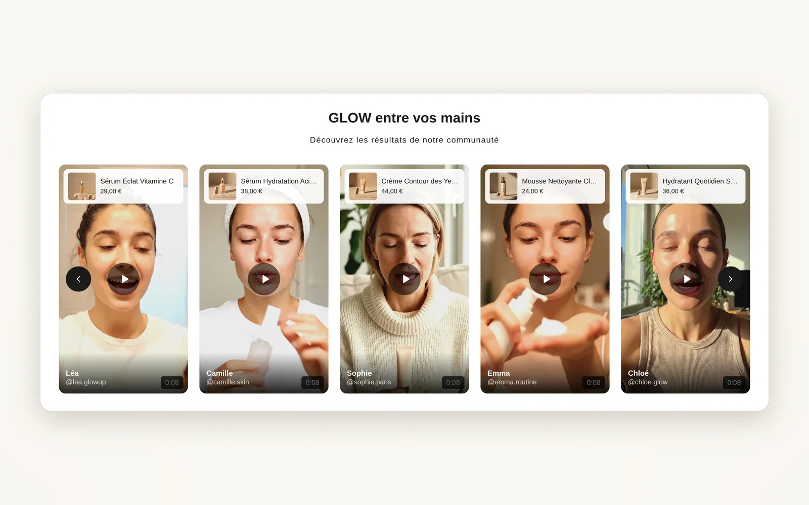 A carousel of vertical videos with products
