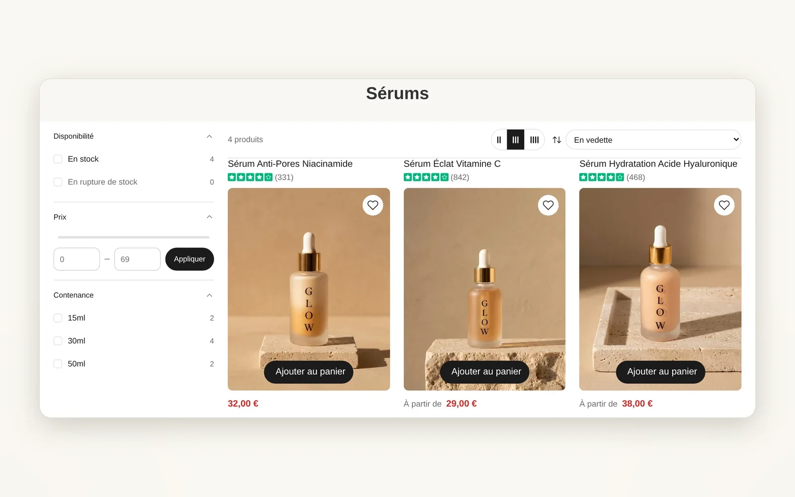 Filters in a column next to the products