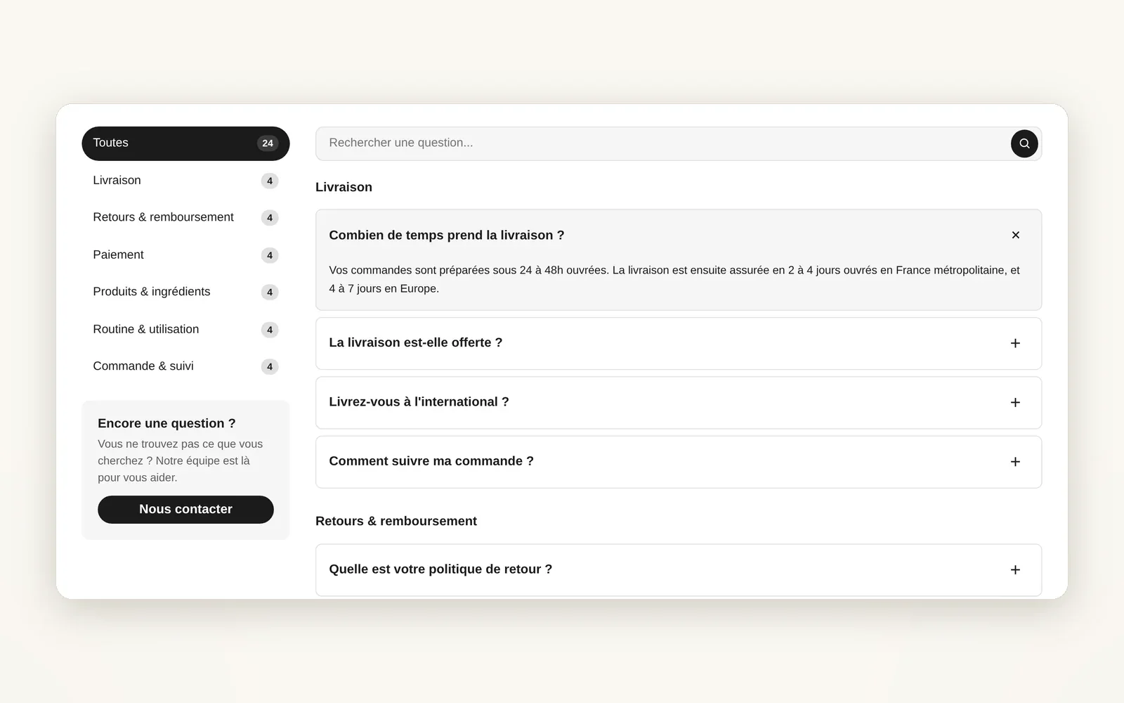 An FAQ sorted by category, with search