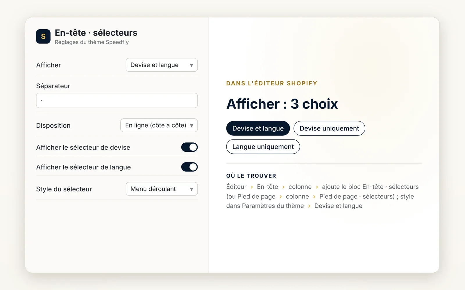 Language and currency selectors