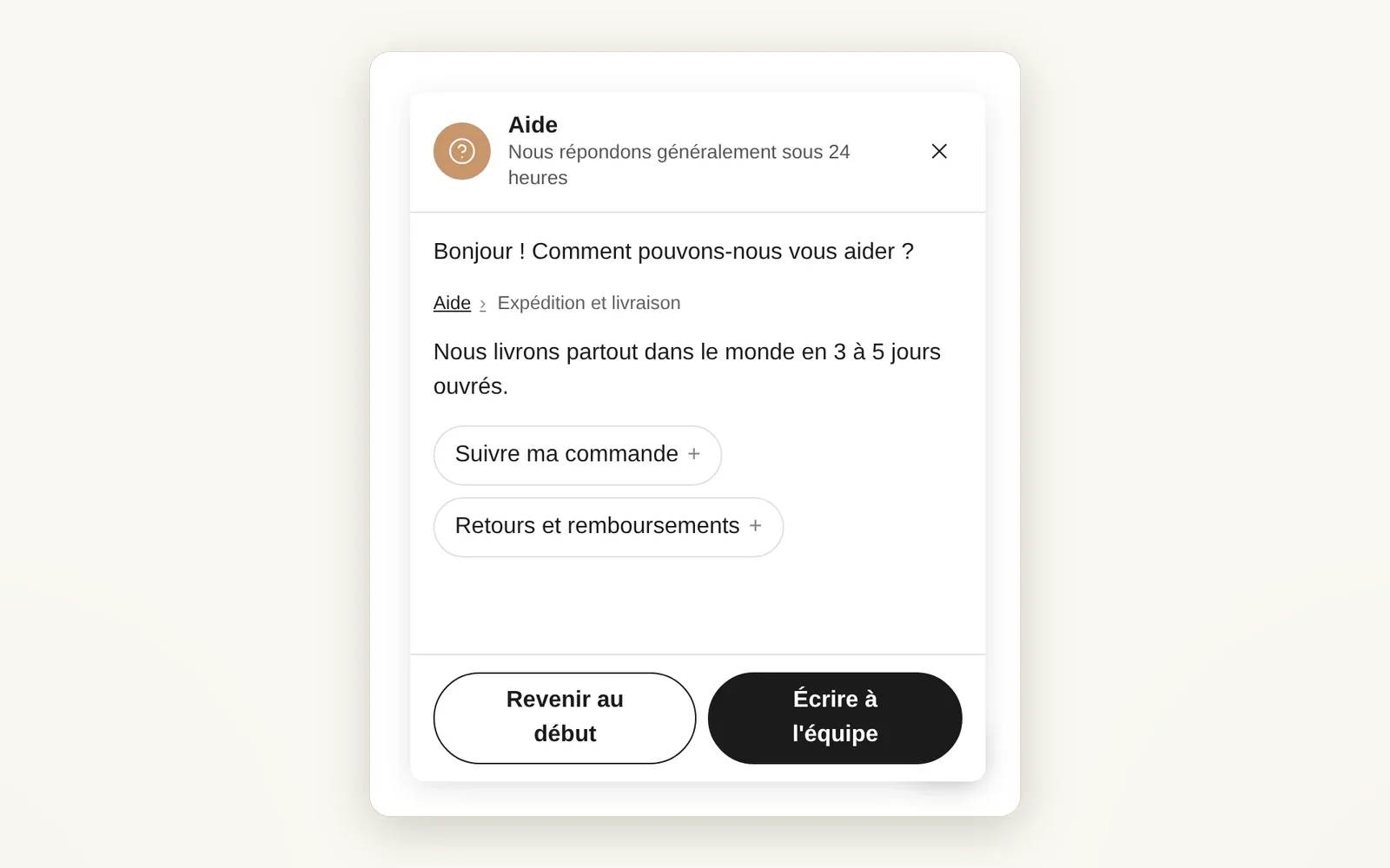 A help widget with ready-made answers